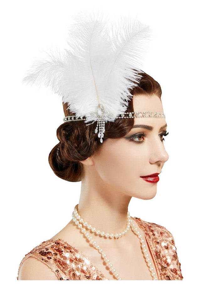 SWEETV - 1920S Headpiece Crystal Rhinestone Hair Band Roaring 20S Great Gatsby White Feather Flapper Headband - Image 1