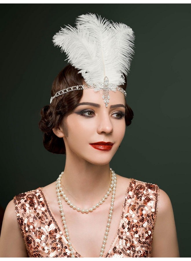 SWEETV - 1920S Headpiece Crystal Rhinestone Hair Band Roaring 20S Great Gatsby White Feather Flapper Headband - Image 1