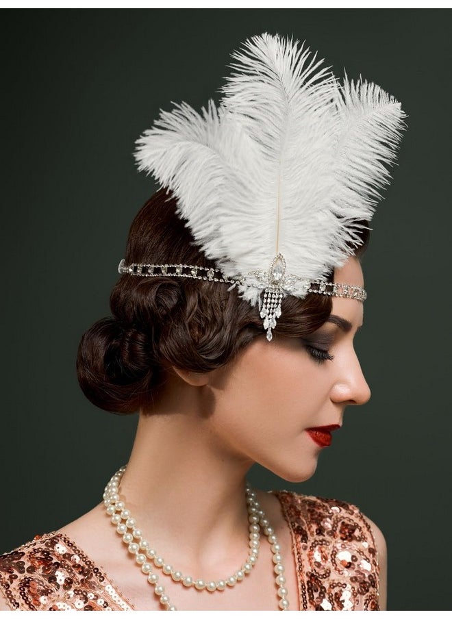 SWEETV - 1920S Headpiece Crystal Rhinestone Hair Band Roaring 20S Great Gatsby White Feather Flapper Headband - Image 1