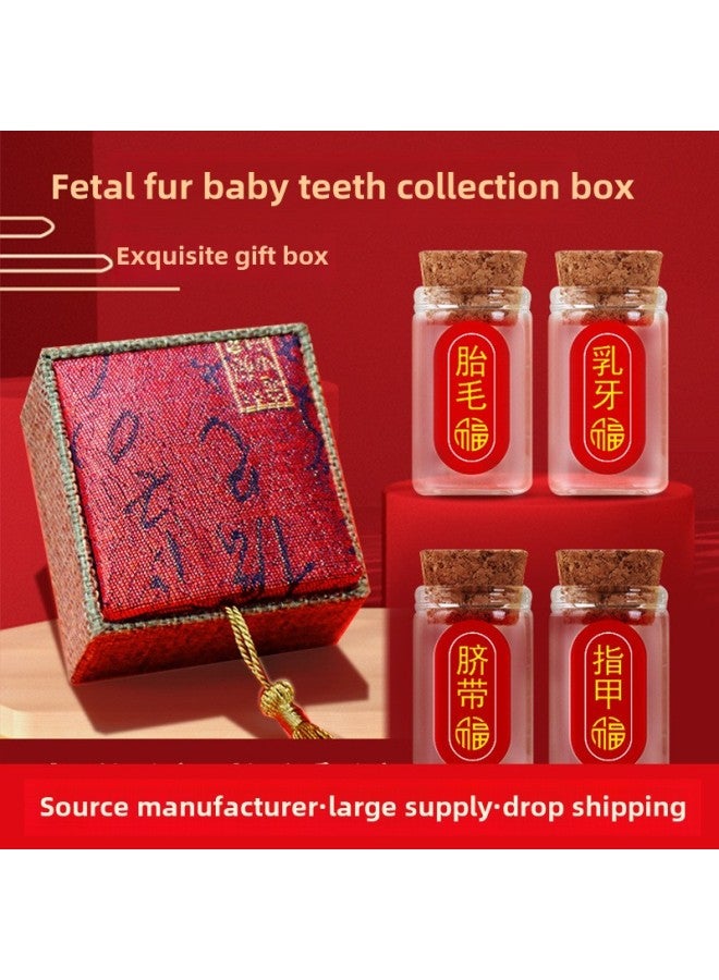 Baby Fetal Hair Souvenir Boys' And Girls' Fetal Hair Collection Box Deciduous Teeth Baby Umbilical Cord Preservation Bottle Homemade Collection Box-Specifications:Guofeng-Red Brocade Box-Increase 2 Bottles Sticker Red Rope  - Image 2