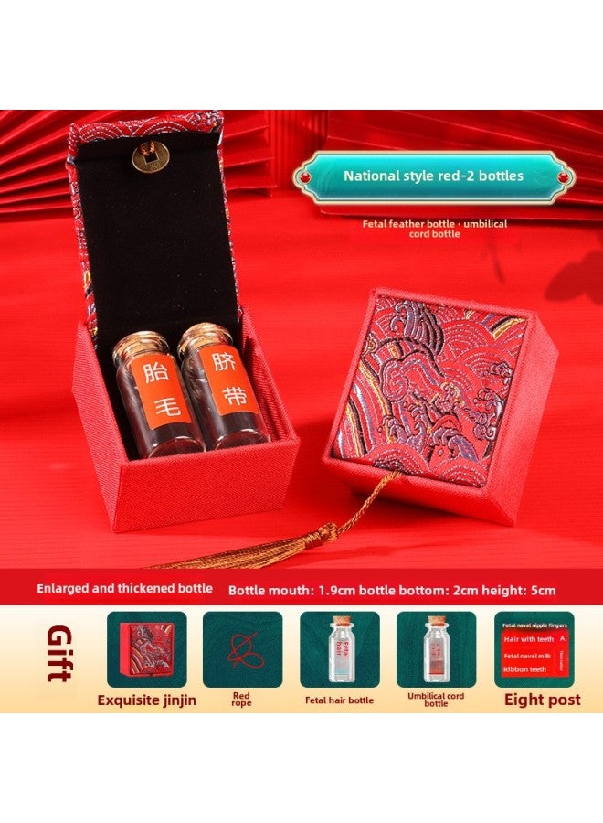 Baby Fetal Hair Souvenir Boys' And Girls' Fetal Hair Collection Box Deciduous Teeth Baby Umbilical Cord Preservation Bottle Homemade Collection Box-Specifications:Guofeng-Red Brocade Box-Increase 2 Bottles Sticker Red Rope  - Image 1