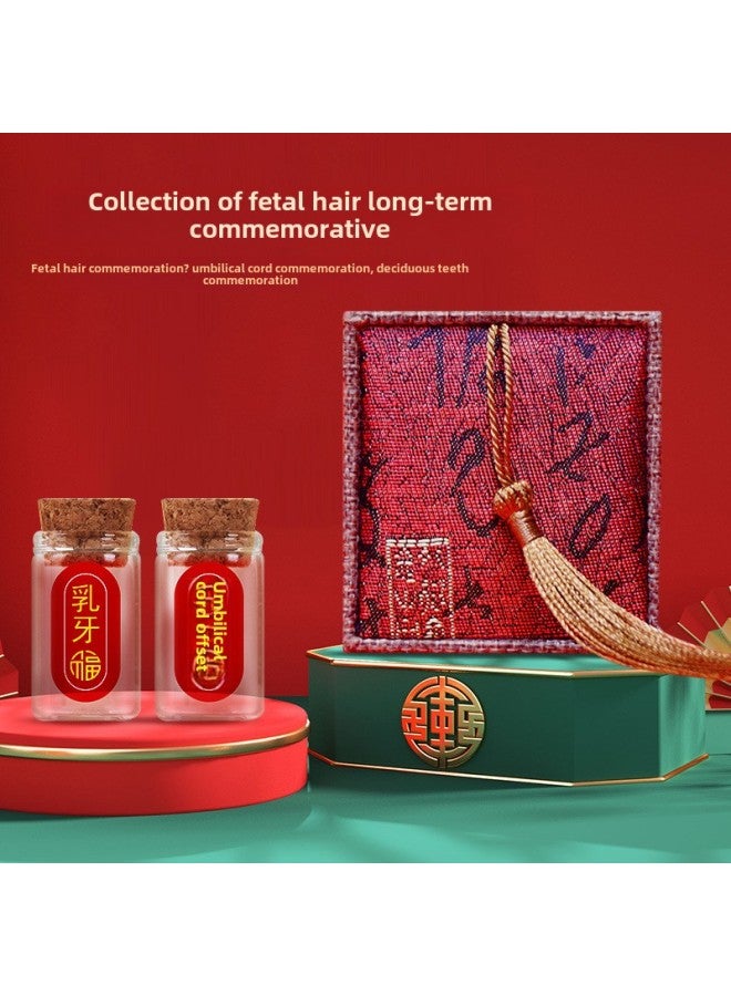 Baby Fetal Hair Souvenir Boys' And Girls' Fetal Hair Collection Box Deciduous Teeth Baby Umbilical Cord Preservation Bottle Homemade Collection Box-Specifications:Guofeng-Red Brocade Box-Increase 2 Bottles Sticker Red Rope  - Image 4
