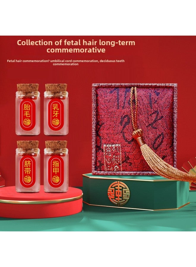 Baby Fetal Hair Souvenir Boys' And Girls' Fetal Hair Collection Box Deciduous Teeth Baby Umbilical Cord Preservation Bottle Homemade Collection Box-Specifications:Guofeng-Red Brocade Box-Increase 2 Bottles Sticker Red Rope  - Image 3