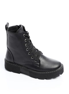 Flat Double Closure Black Leather Ankle Boot