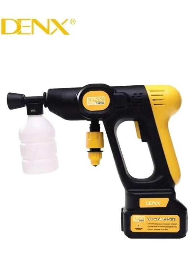 دينكس جهاز غسيل عالي الضغط لاسلكي محمول من DENX طراز DX2595 بجهد 21 فولت - مسدس غسيل كهربائي بقوة 180 واط مع خرطوم بطول 5 أمتار، أوضاع رش متعددة وزجاجة رغوة لتنظيف السيارات والحدائق والمنازل. - Image 1
