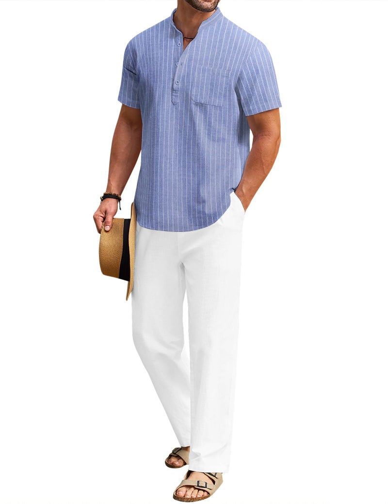 COOFANDY Mens 2 Pieces Cotton Linen Set Henley Shirts Short Sleeve And Casual Beach Pants With Pockets Summer Yoga Outfits - Image 2
