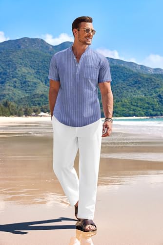 COOFANDY Mens 2 Pieces Cotton Linen Set Henley Shirts Short Sleeve And Casual Beach Pants With Pockets Summer Yoga Outfits - Image 3