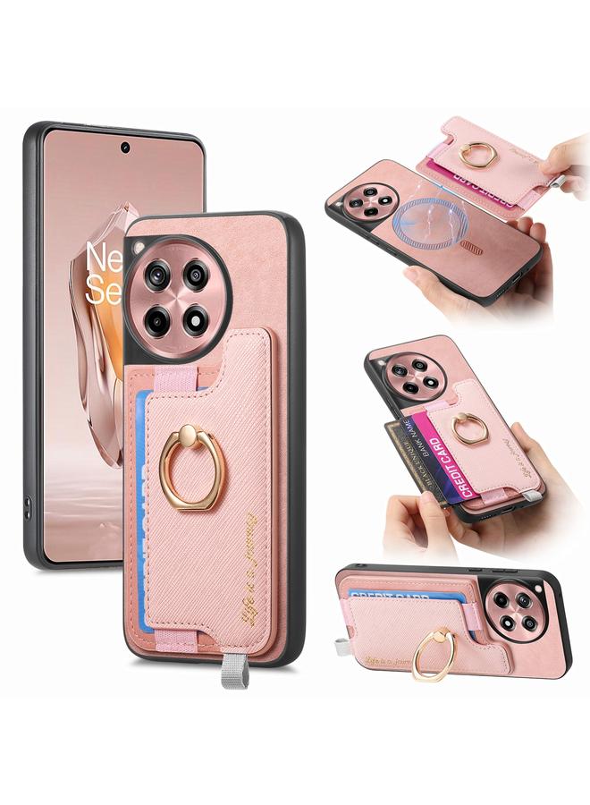 erorex For OnePlus Ace 3 5G / 12R 5G Retro Magsafe Cross Leather Ring Holder Card Bag Phone Case(Pink)