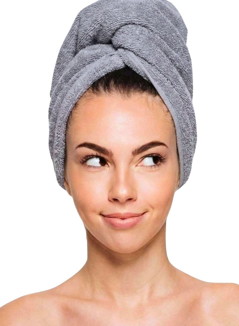 1Chase 100% Cotton Terry Hair Towel Wrap – Quick Dry Head Towel, Grey - Image 1