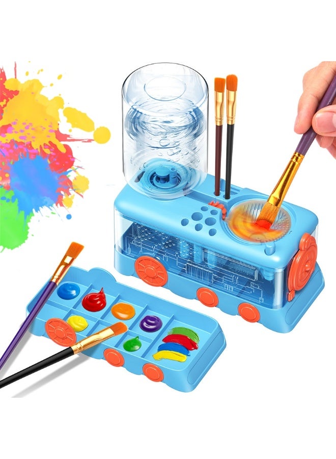 Kids Paint Brush Cleaner Machine | Train-Shaped Automatic Brush Washer with Water Circulation & Color Palette | Art Tool for Children, Artists & Classroom—Blue