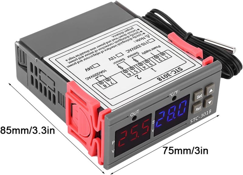 جهاز تحكم رقمي في درجة الحرارة، -3018 جهاز تحكم رقمي بشاشة LED للتحكم في درجة الحرارة مع كابل طوله متر واحد، مناسب للتبريد والتدفئة، أبعاده 75x34.5x85 مم (24 فولت) - Image 4
