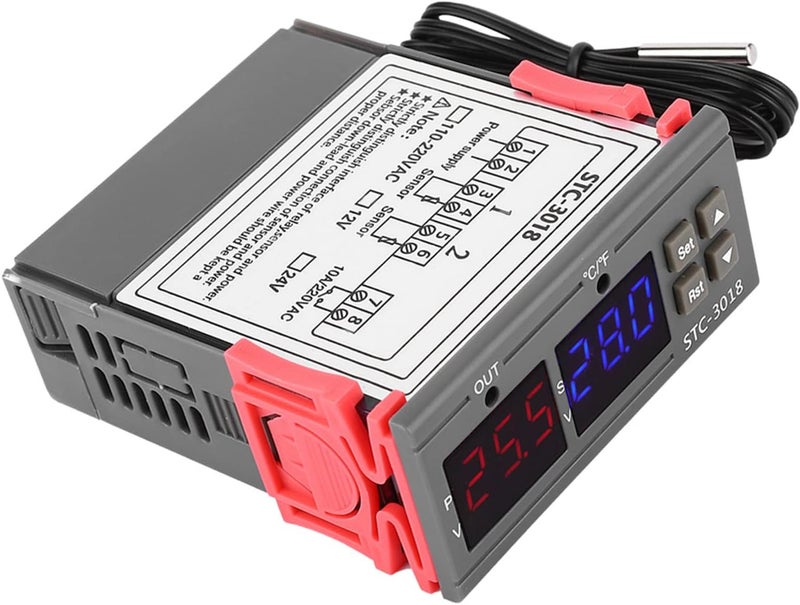 جهاز تحكم رقمي في درجة الحرارة، -3018 جهاز تحكم رقمي بشاشة LED للتحكم في درجة الحرارة مع كابل طوله متر واحد، مناسب للتبريد والتدفئة، أبعاده 75x34.5x85 مم (24 فولت) - Image 1