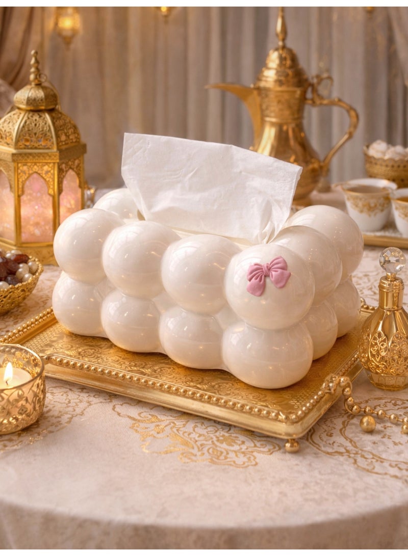 دائرة مربعة علبة مناديل بتصميم فقاعات أنيق – ستايل إنستغرام، ديكور عصري لغرفة المعيشة وغرفة النوم (أبيض) - Image 1