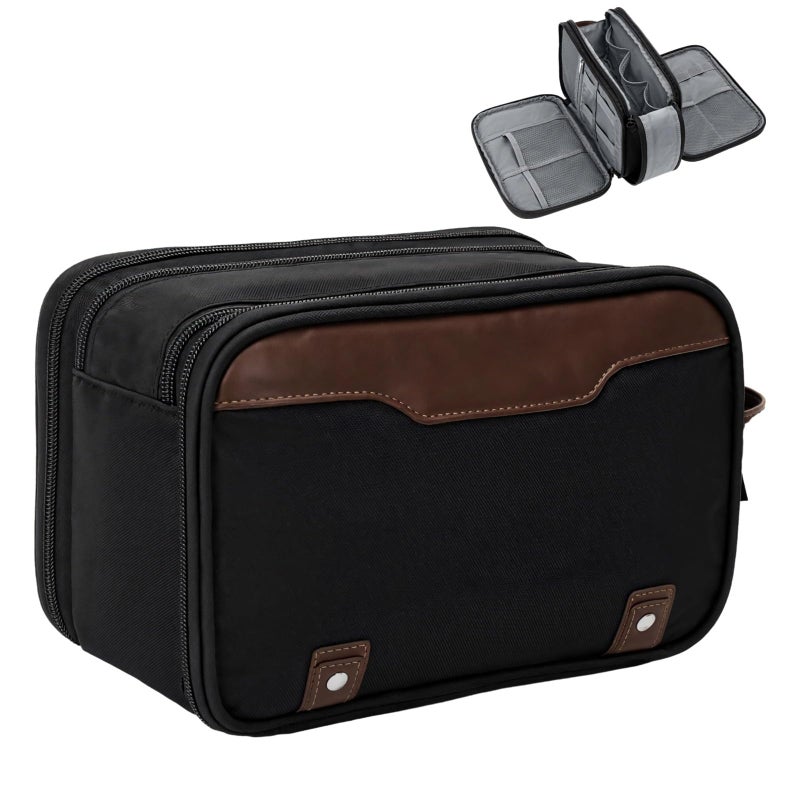 Waterproof Mens Travel Toiletry Bag Organizer Black Brown PU Handle 9.5X4.8X6.0 In - Image 2