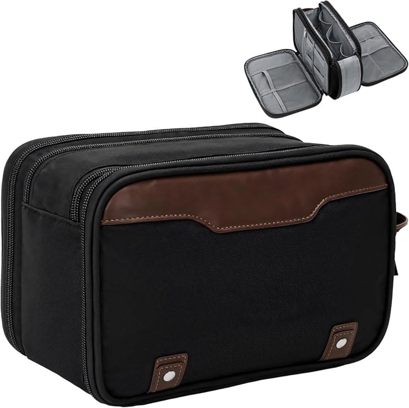 Waterproof Mens Travel Toiletry Bag Organizer Black Brown PU Handle 9.5X4.8X6.0 In - Image 1