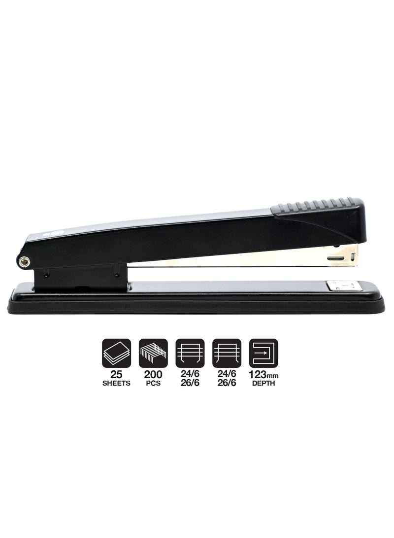 FIS Metal Office Stapler with Max 200 Capacity Staple Pins, Full Strip No. 24/6&26/6 mm, depth 123 mm, 25 Sheets,Black -FSSFN76BK - Image 1