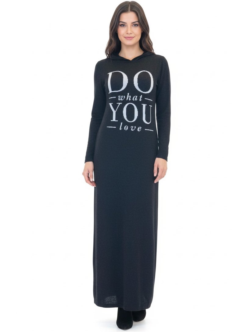 Women knit printed hoodie maxi dress dark grey charcoal - Image 1