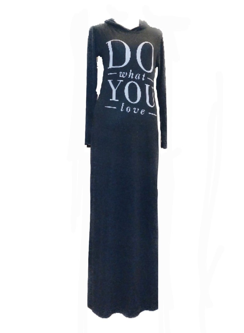 Women knit printed hoodie maxi dress dark grey charcoal  - Image 1