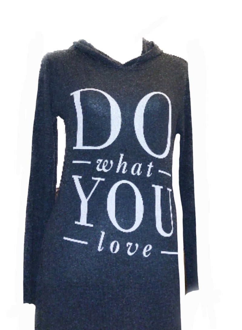 Women knit printed hoodie maxi dress dark grey charcoal  - Image 2