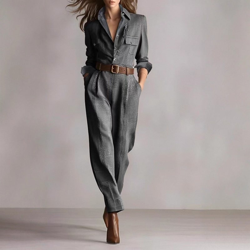 Women's Classic Plaid Jumpsuit - Long Sleeve Casual Workwear, Mid-Rise Tapered Leg, Polyester, Fall 2025