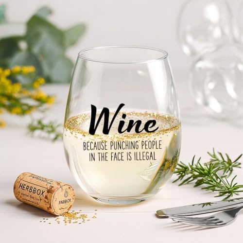 LANBAIHE Wine Because Punching People in the Face is Illegal - Funny 15oz Stemless Wine Glass - Novelty Gifts for Women, Men, Mom, Sister, Friend, Coworker, Boss, Aunt - Unique Birthday, Christmas - Image 2