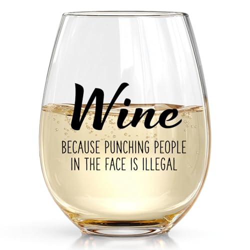 LANBAIHE Wine Because Punching People in the Face is Illegal - Funny 15oz Stemless Wine Glass - Novelty Gifts for Women, Men, Mom, Sister, Friend, Coworker, Boss, Aunt - Unique Birthday, Christmas - Image 1