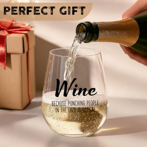 LANBAIHE Wine Because Punching People in the Face is Illegal - Funny 15oz Stemless Wine Glass - Novelty Gifts for Women, Men, Mom, Sister, Friend, Coworker, Boss, Aunt - Unique Birthday, Christmas - Image 3