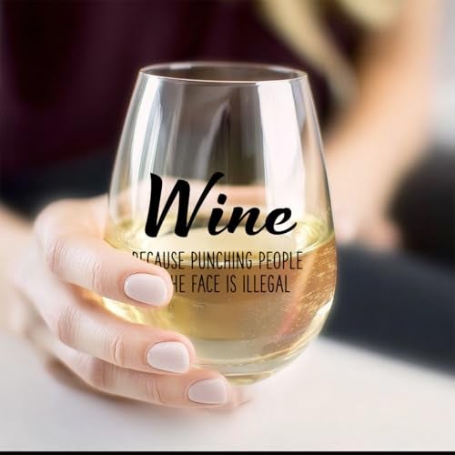 LANBAIHE Wine Because Punching People in the Face is Illegal - Funny 15oz Stemless Wine Glass - Novelty Gifts for Women, Men, Mom, Sister, Friend, Coworker, Boss, Aunt - Unique Birthday, Christmas - Image 4