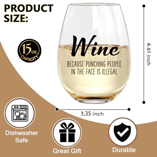LANBAIHE Wine Because Punching People in the Face is Illegal - Funny 15oz Stemless Wine Glass - Novelty Gifts for Women, Men, Mom, Sister, Friend, Coworker, Boss, Aunt - Unique Birthday, Christmas - Image 5