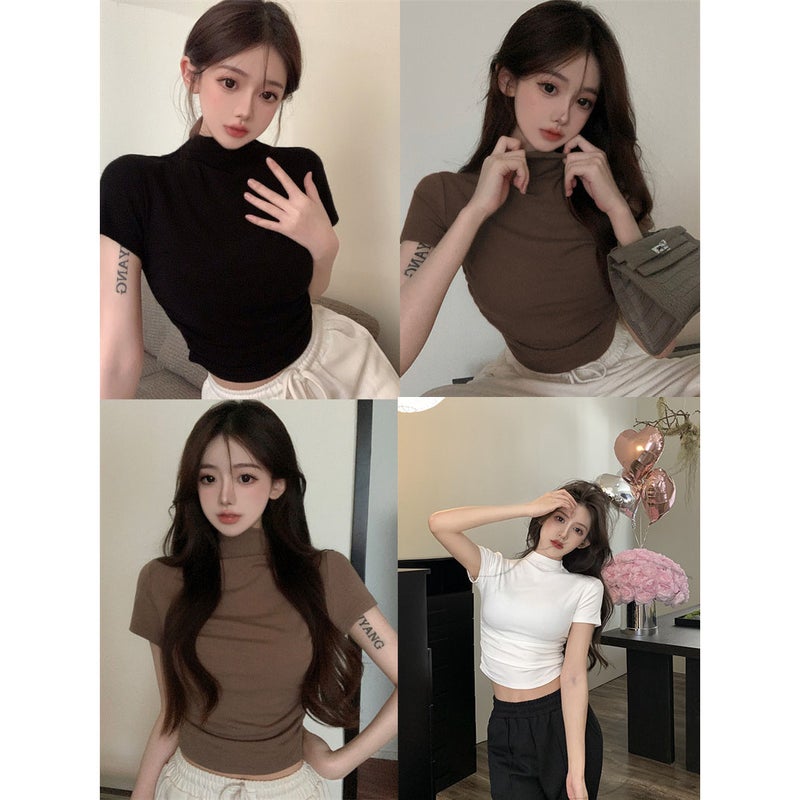 Half-High Collar T-Shirt Women'S Summer Short-Sleeved Base Shirt Black Spice Girls Tight Slim Short Top Fashionable All-Match - Image 2