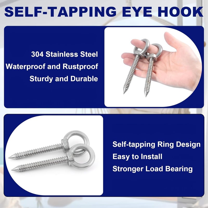 Set Of 2 M6 Stainless Steel Screw Eye Hooks For Swing Chair Indoor Outdoor Use - Image 1