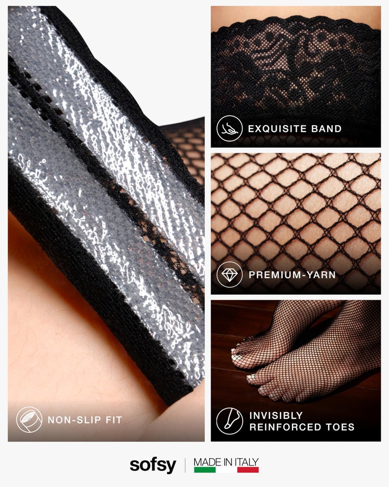 sofsy Anti-Slip Black Fishnet Stockings for Women - Italian Floral Lace Top Thigh High Lingerie | Dual Silicone Strips, Comfort Stretch - M/L - Image 4