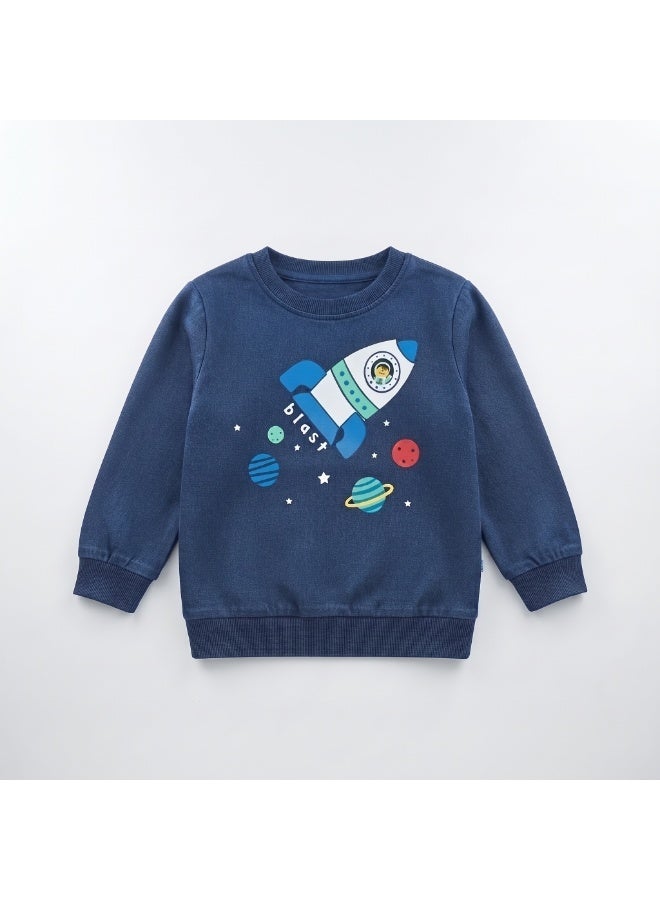 Divided by H&M Kids Cotton Rocket Print Sweatshirt, Blue - Image 1