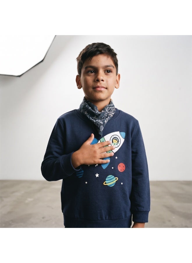 Divided by H&M Kids Cotton Rocket Print Sweatshirt, Blue - Image 4