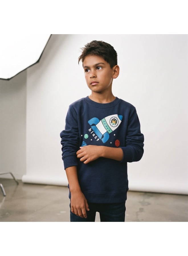 Divided by H&M Kids Cotton Rocket Print Sweatshirt, Blue - Image 5