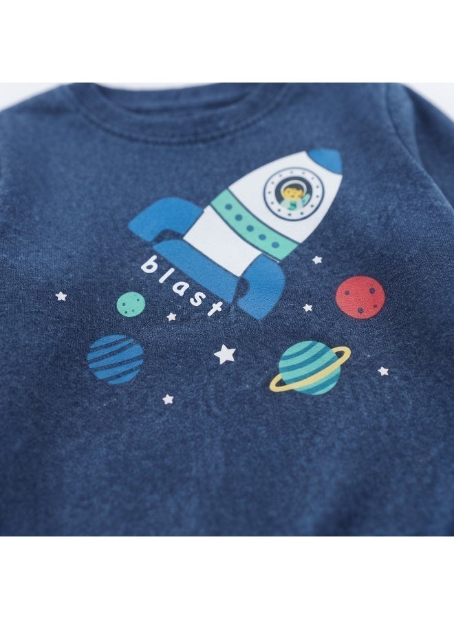 Divided by H&M Kids Cotton Rocket Print Sweatshirt, Blue - Image 2