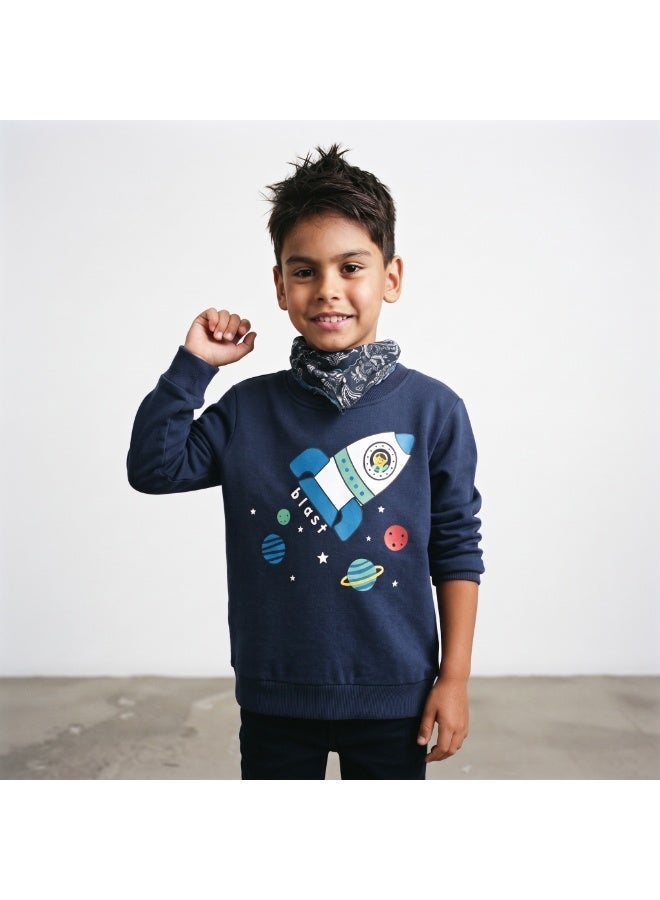 Divided by H&M Kids Cotton Rocket Print Sweatshirt, Blue - Image 3