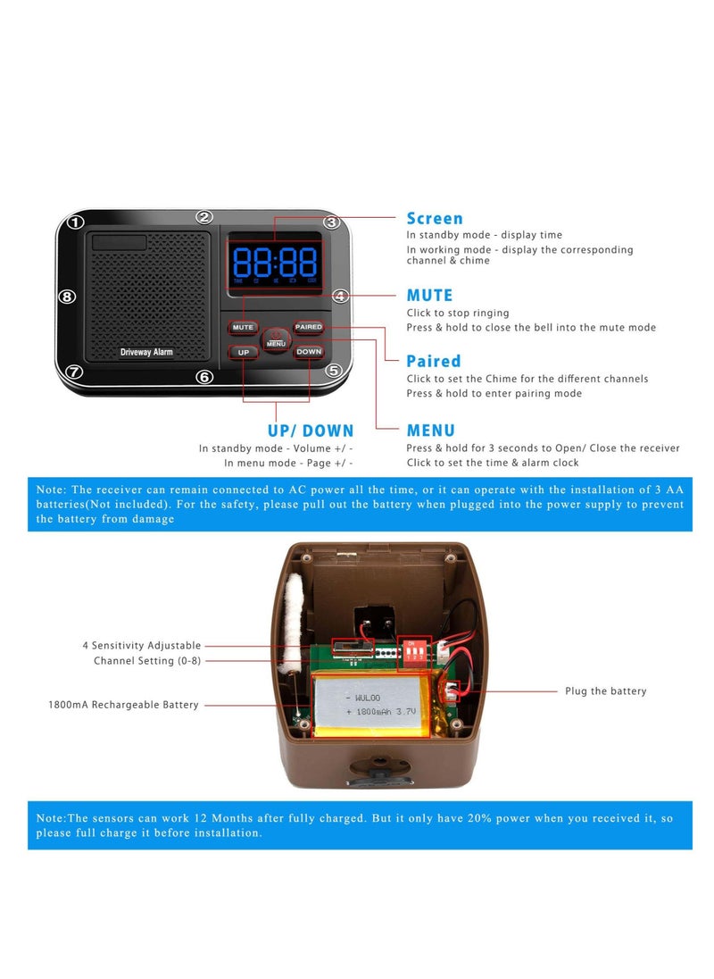 Captaintech - Solar Driveway Alarm, 1800ft Long Range Solar Wireless Driveway Alarm Outdoor Weather Resistant Motion Sensor & Detector, Driveway Alert System with Rechargeable Battery - Image 1