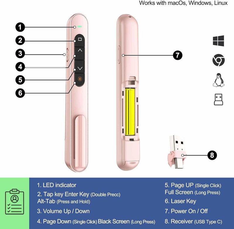 rts USB Type-C 2 in 1 Last Pointer 2024-2025 Presentation Clicker for PPT PowerPoint Clicker, Hyperlink Volume Control Wireless Presenter, RF 2.4GHz USB Remote Control for Keynote/MAC/PC/Laptop Pink - Image 4