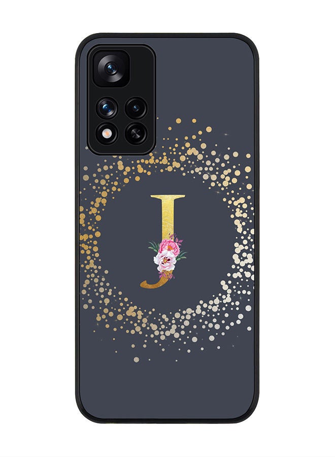 Stylizedd Rugged Black edge case for Redmi Note 11 Pro Plus 5G Slim fit Soft Case Flexible Rubber Edges Anti Drop TPU Gel Thin Cover - Custom Monogram Initial Letter Floral Pattern Alphabet - J (Grey ) - Image 1