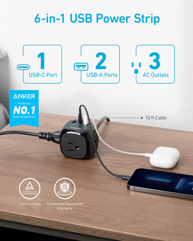 Anker 20W USB C Power Strip, 321 Power Strip with 3 Outlets and USB C Charging for iPhone 15/15 Plus/15 Pro/15 Pro Max (Black, 10FT) - Image 2