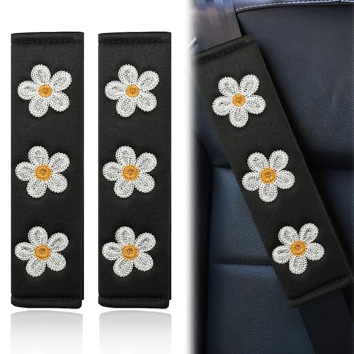 KPFILEH 2PCS Daisy Flower Car Seat Belt Cover Pads Soft Breathable Auto Seat Shoulder Strap Pad Comfortable Seatbelt Cushion Protect Neck Vehicle Interior Decoration for Cars TrucksWhite - Image 1