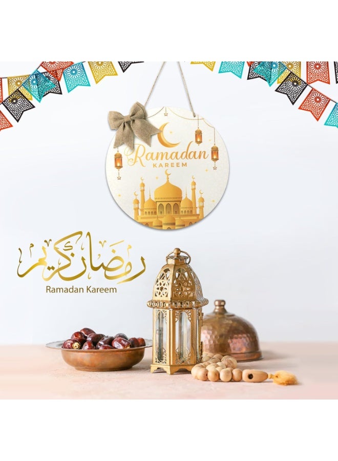 Ramadan Kareem Hanging Ornament - Eid Mubarak Wreath Wooden Hanging Door Sign Decorations White Gold Round Welcome Sign Islam Ramadan Mubarak Moon Ornament Home Wall Door Decor Party Supplies - Image 5