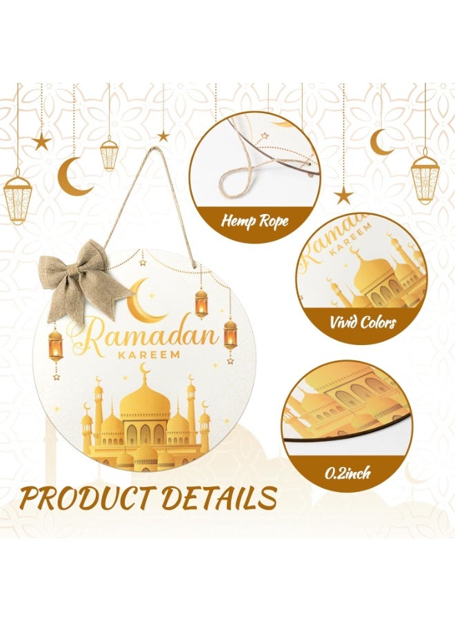 Ramadan Kareem Hanging Ornament - Eid Mubarak Wreath Wooden Hanging Door Sign Decorations White Gold Round Welcome Sign Islam Ramadan Mubarak Moon Ornament Home Wall Door Decor Party Supplies - Image 3