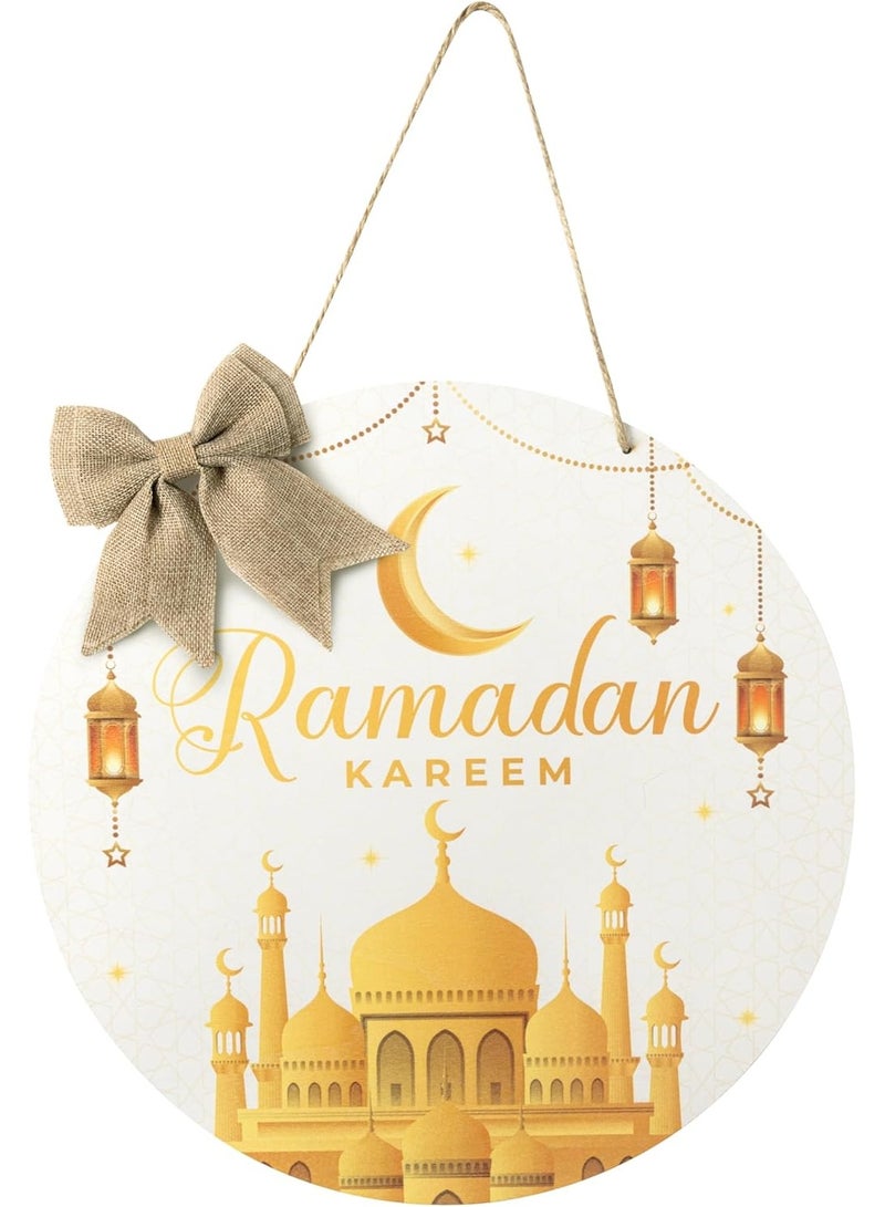 Ramadan Kareem Hanging Ornament - Eid Mubarak Wreath Wooden Hanging Door Sign Decorations White Gold Round Welcome Sign Islam Ramadan Mubarak Moon Ornament Home Wall Door Decor Party Supplies - Image 1
