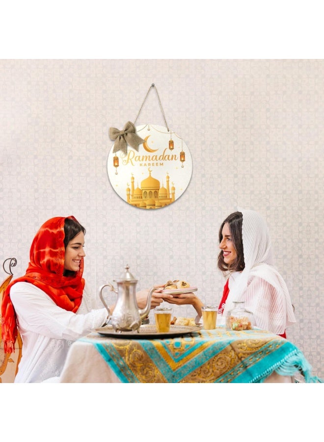 Ramadan Kareem Hanging Ornament - Eid Mubarak Wreath Wooden Hanging Door Sign Decorations White Gold Round Welcome Sign Islam Ramadan Mubarak Moon Ornament Home Wall Door Decor Party Supplies - Image 4