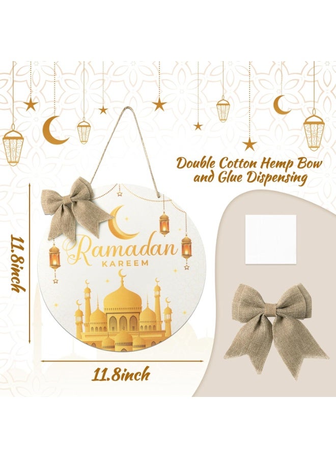 Ramadan Kareem Hanging Ornament - Eid Mubarak Wreath Wooden Hanging Door Sign Decorations White Gold Round Welcome Sign Islam Ramadan Mubarak Moon Ornament Home Wall Door Decor Party Supplies - Image 2