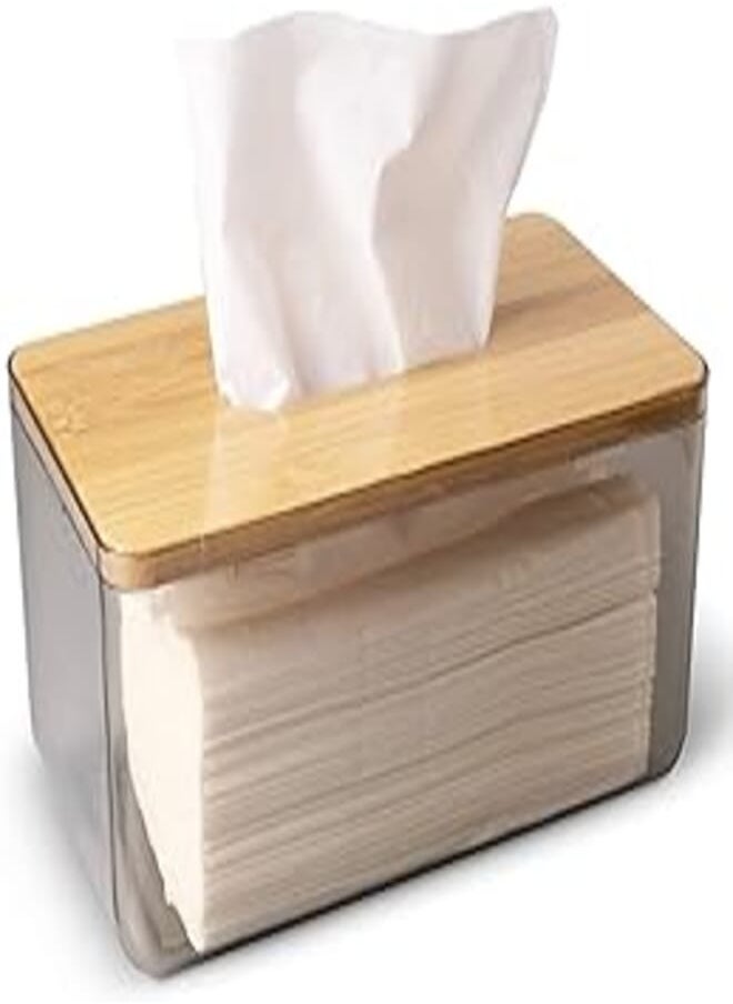 Antole Tissue Box Cover Holder,ANTOLE Clear Acrylic Rectangular Tissues Dispenser Box Dryer Sheet Wet Toilet Paper Tray with Bamboo Wood Lid,Tissue Organizer for Bathroom,Living Room,Bathroom (Clear Gray) 