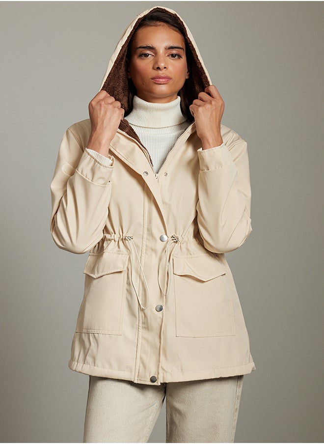 trendyol Ecru Hooded Fur Lined Water Repellent Parka Coat TWOAW21KB0065  - Image 2