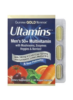California Gold Nutrition Ultamins فيتامينات متعددة للرجال +50 مع إنزيمات الفطر CoQ10 والخضروات والتوت 60 كبسولة نباتية